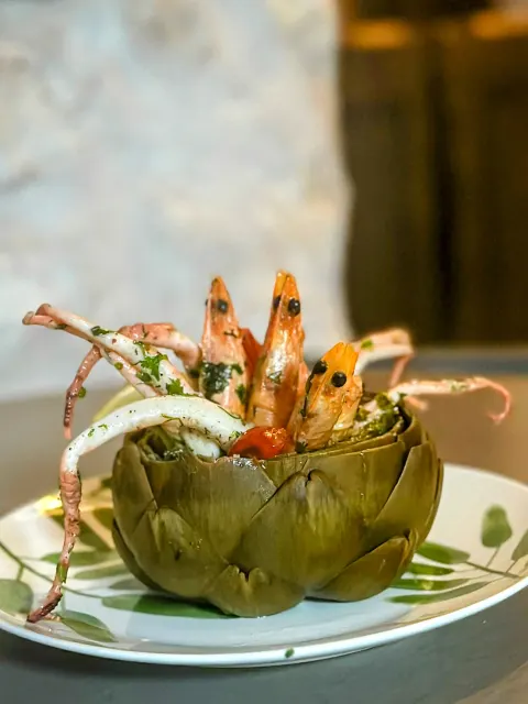 Stuffed artichoke, octopus and prawns